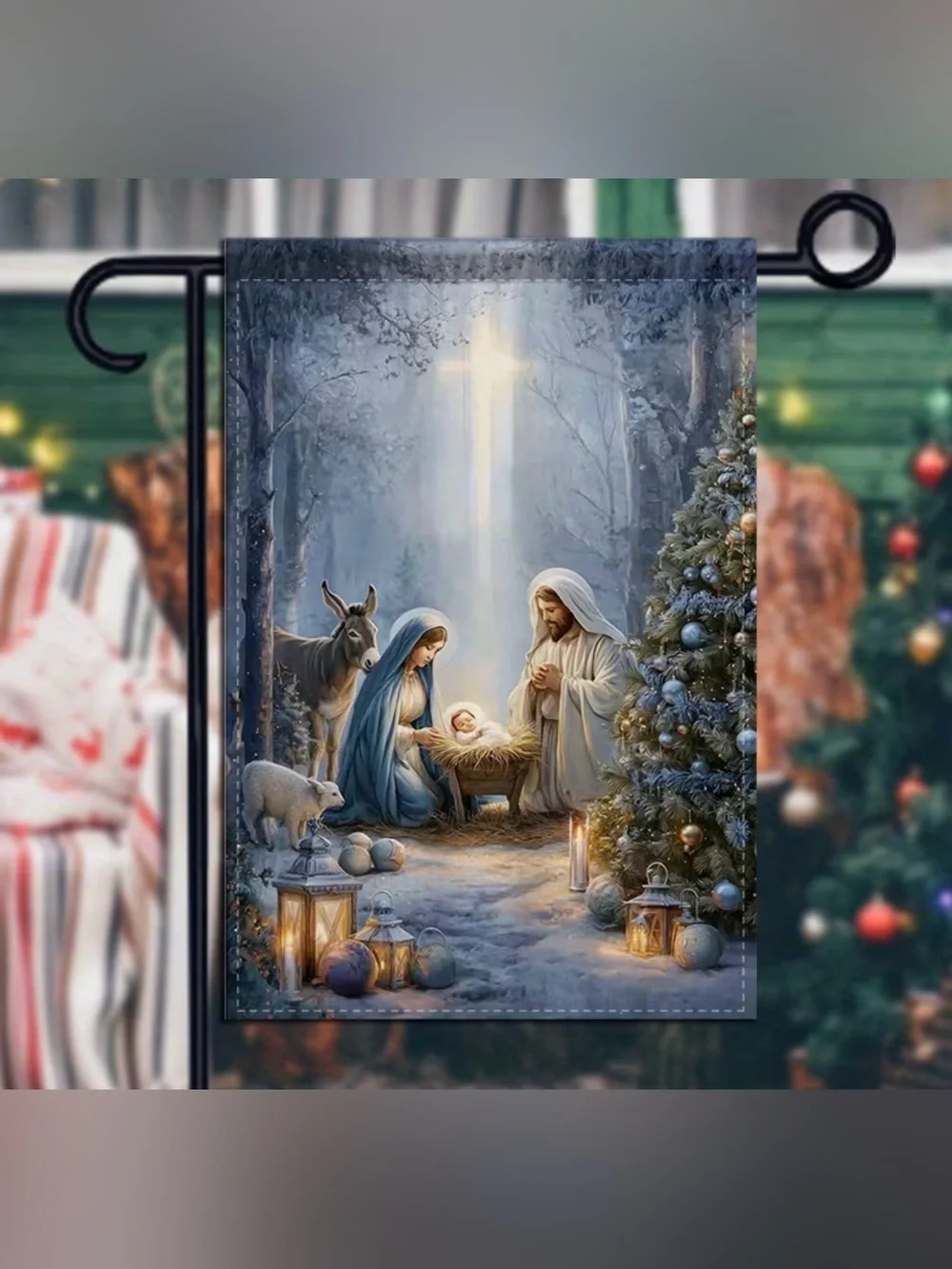 Nativity Scene Holiday Garden Flag - Blue/White